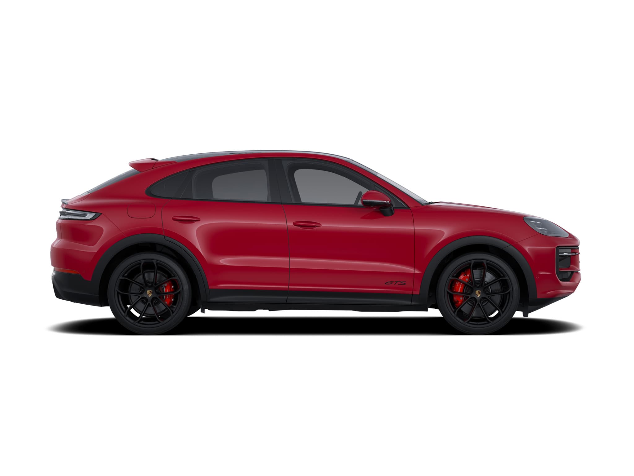 2025 Cayenne GTS Coupé in Carmine Red with 22-inch GT Design wheels painted in satin Black, and Tinted HD-Matrix LED Headlights